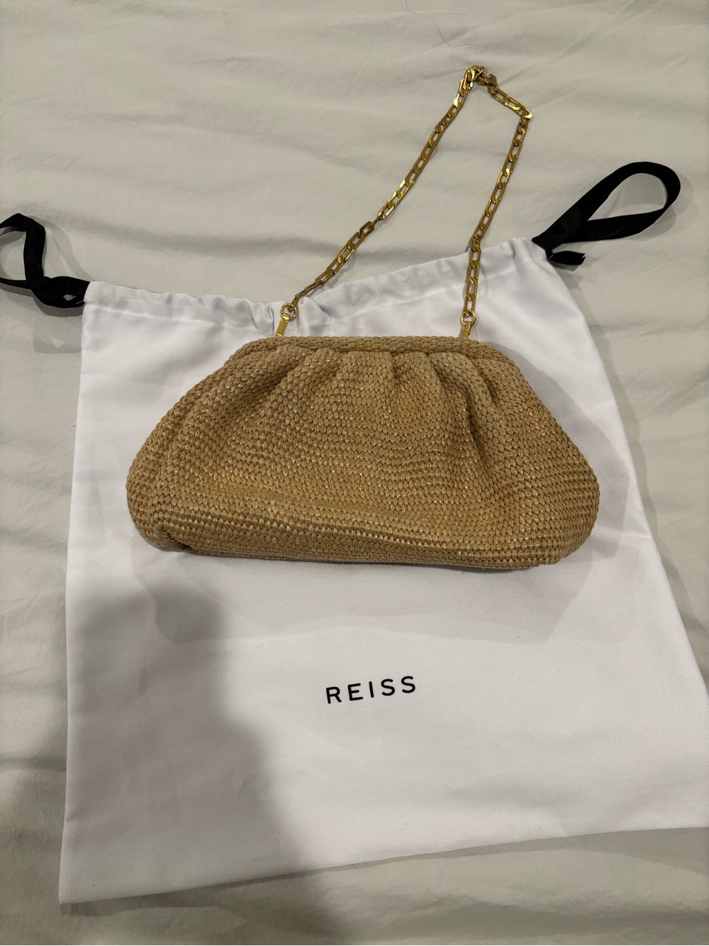 REISS Tan Woven Clutch with Gold Chain